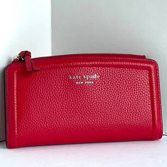 Kate Spade Knott Bifold Wallet Womens Red Leather Slim Zip Pocket Snap Billfold - Picture 1 of 3